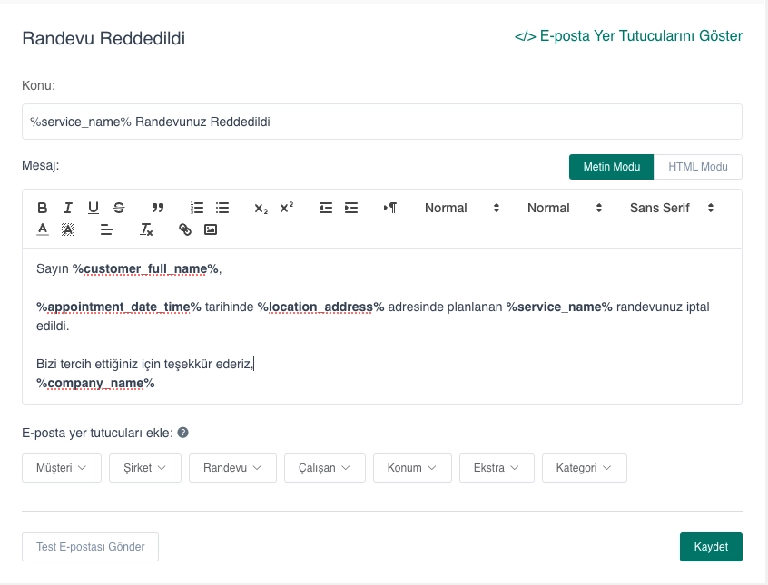 Reddedilen Randevu için E-posta Şablon Örneği